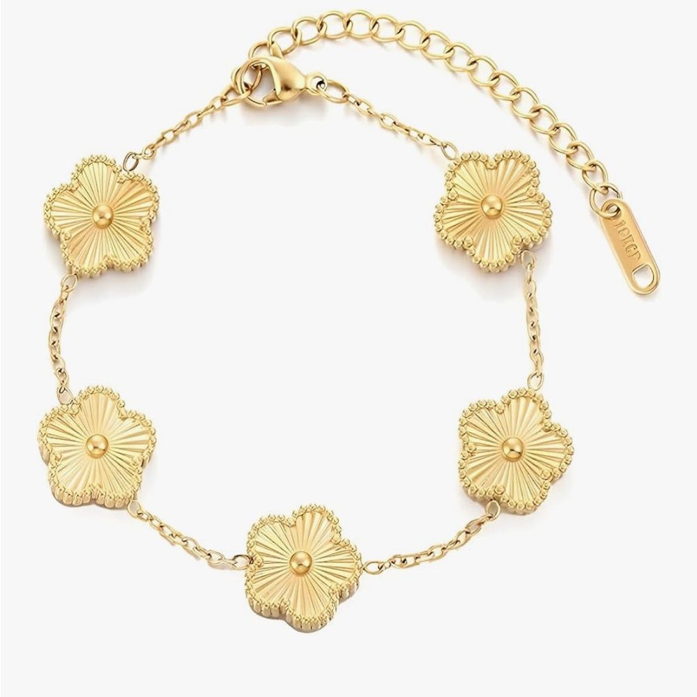 18K Gold Dainty Textured Clover Charm Bracelet Van Cleef Style Alhambra Luxury